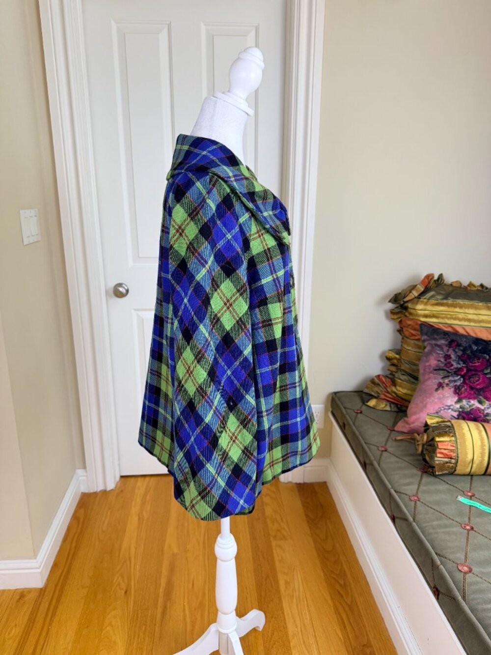 Pendleton Wool Plaid Jacket Green Cobalt Blue Wide Round Collar (16) - Picture 3 of 10